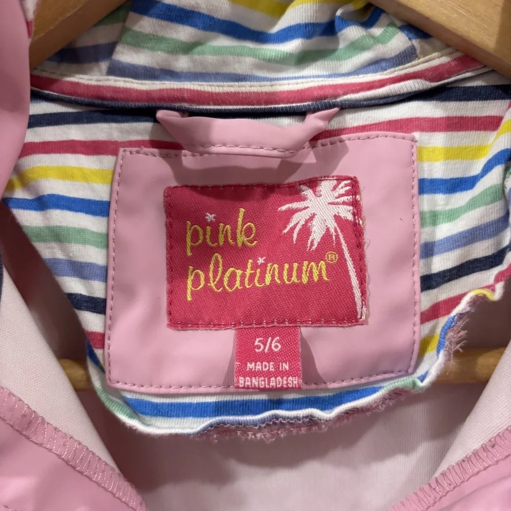 Pink Platinum Girls Pink Hooded Rain Coat Full Zip Jacket Size 5/6 Pockets